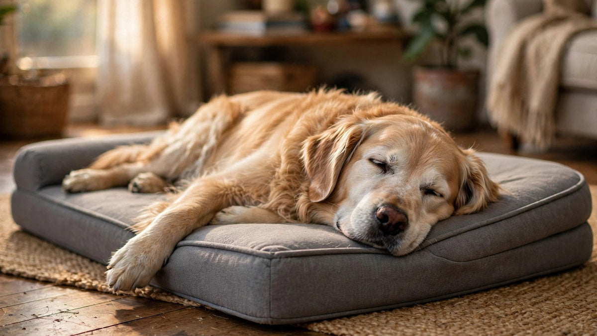 Senior golden retriever sleeping on a gray orthopedic memory foam dog bed in a cozy living room