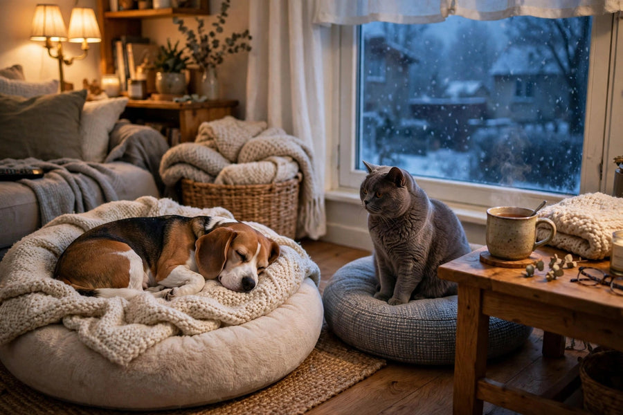 A beagle sleeping on a plush donut pet bed and a British Shorthair cat sitting on a cushion bed in a cozy winter living room