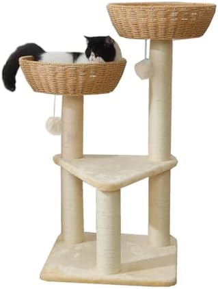 SHENGOCASE Cat Tree Tower with Rattan Wicker Basket, 2 Handwoven Large Nest by SHENGOCASE