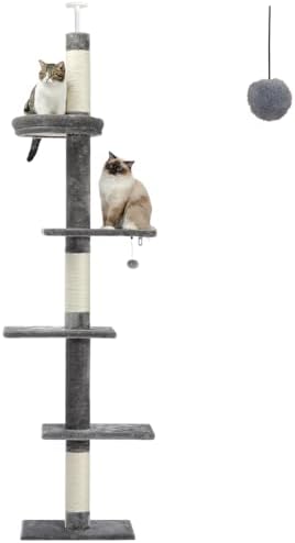 PETEPELA 5-Tier Floor to Ceiling Cat Tree, 95-107In Tall Cat Tower Grey by PETEPELA