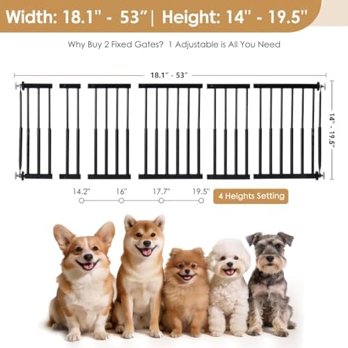 14''-19.5'' Height Adjustable Dog Gate, Extra Wide 18.1"-53" All Metal Short - Image 4