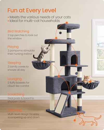 Feandrea Cat Tree, 68.5-in Tall Cat Tower, Dark Gray - Image 4