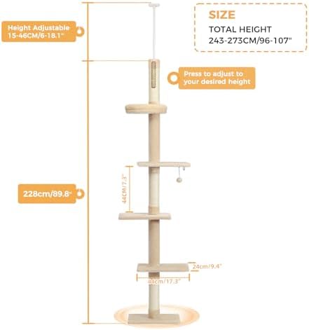 PETEPELA 5-Tier Floor to Ceiling Cat Tree, 95-107In Tall Cat Tower Beige - Image 6