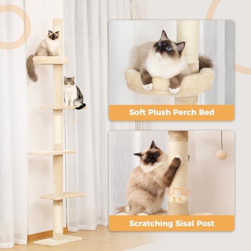 PETEPELA 5-Tier Floor to Ceiling Cat Tree, 95-107In Tall Cat Tower Beige - Image 4