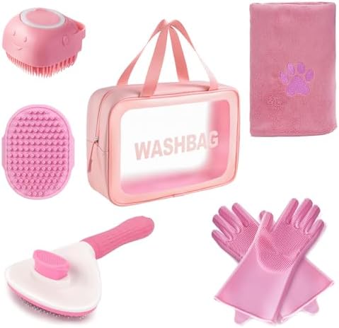 6PCS Pink Dog Washing Kit with Brush, Towel & Bag by Kemodia