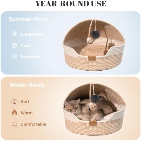 CHEERPALS Cat Basket Bed with Washable Cushion and Ball Rope Cotton, Covered - Image 3