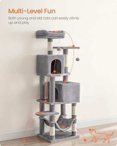 Feandrea Cat Tree, 59.5-Inch Tall Cat Tower, Light Gray - Image 3