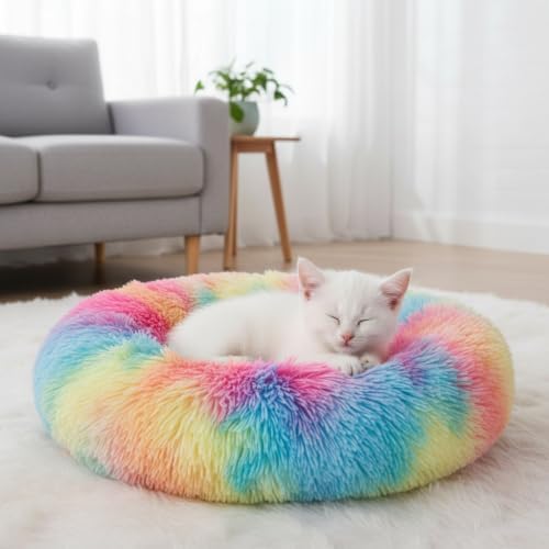 Cat Bed for Indoor Cats, Donut Washable Bed for Kittens, Small Dogs Rainbow - Image 3