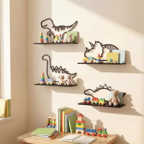 Sieral 4 Pcs Dinosaur Wall Shelf Metal Dinosaur Wall Decor Bookshelf - Image 5