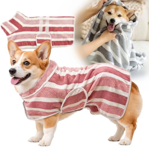 Quick-Dry Dog Bathrobe, Absorbent Striped Pet Towel Coat，Red：M by Unknown