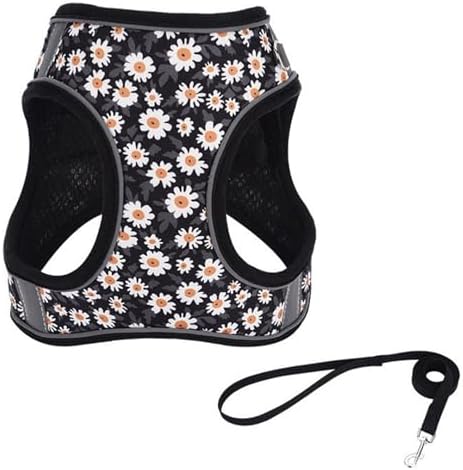 Small Dog Harness Black Daisy Flowers No Pull Reflective Harness - Image 2