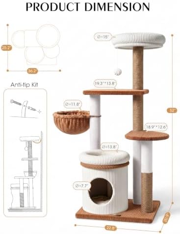 52" Cat Tree Tower for Large Cats, Modern Corduroy, Stable Base - Image 6