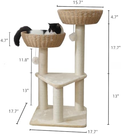 SHENGOCASE Cat Tree Tower with Rattan Wicker Basket, 2 Handwoven Large Nest - Image 7