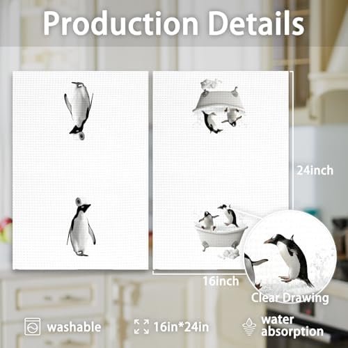 Funny Penguin Hand Towels Set of 2, Funny Penguins Take a Bath Hand Towels - Image 7