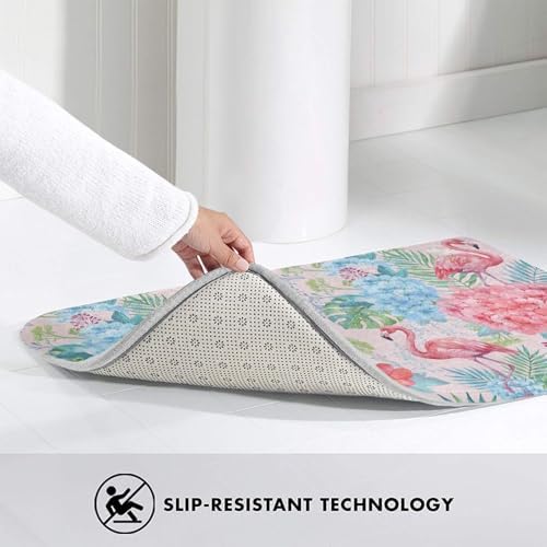 Pink Flamingos Palm Leaves and Flowers Bath Mat Non-Slip Soft Microfiber - Image 4