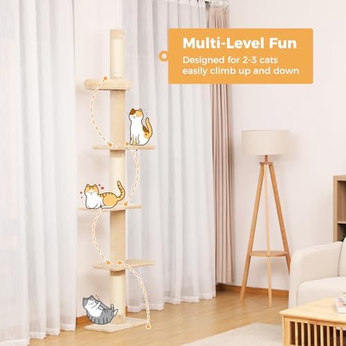 PETEPELA 5-Tier Floor to Ceiling Cat Tree, 95-107In Tall Cat Tower Beige - Image 2