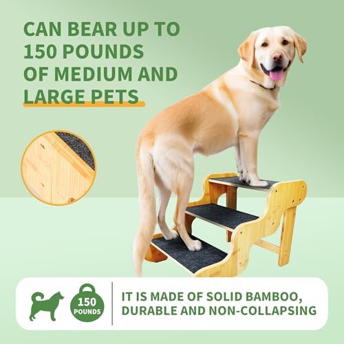 Dog Stairs for Small Dogs, 3-Step Bamboo Pet Steps Ramp for Bed and Car - Image 2