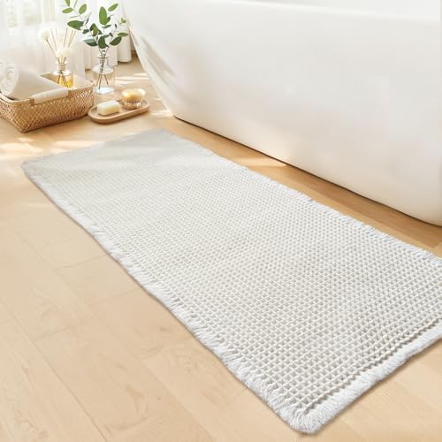 Long White Bathroom Rug, Waffle Bath Mat Runner Non Slip, 24 x 72 by GRLYUH