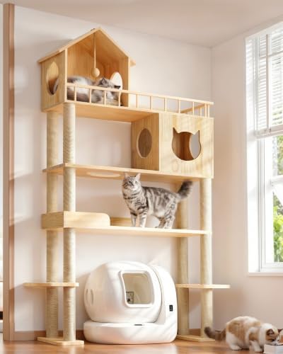 Wood Cat Tree for Automatic Litter Box, 5 Tier Cat Tower, 74 Inch by Homiflex