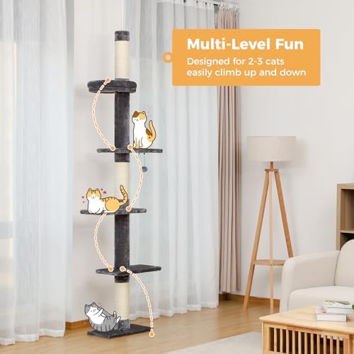 PETEPELA 5-Tier Floor to Ceiling Cat Tree, 95-107In Tall Cat Tower Grey - Image 6