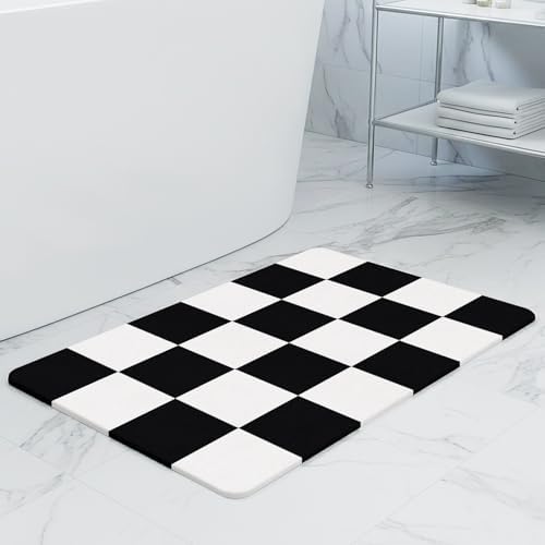 THMINS Black and White Checkered Stone Bath Mat by THMINS