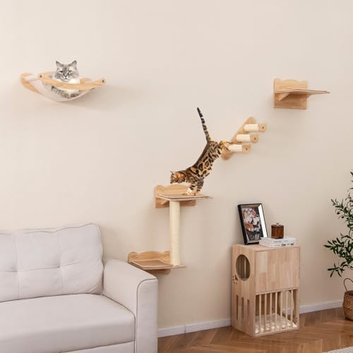 Tangkula Cat Wall Shelves, 4 Pieces Wooden Wall Mounted Kitten Furniture Set - Image 2