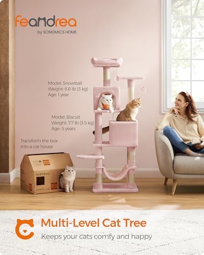 Feandrea Cat Tree, 59.5-Inch Tall Cat Tower, Jelly Pink - Image 2