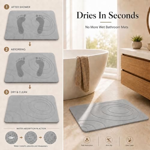 Stone Bath Mat for Bathroom, Diatomaceous Earth, Light Gray - Image 3