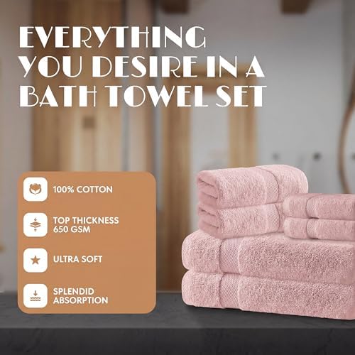 White Classic Pink Bath Towel Set of 6-100% Cotton Highly Absorbent Towels - Image 2