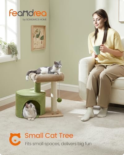 Feandrea Cat Tree, 18.5-Inch Small Cat Tower, Grass Green and Camel Brown - Image 2