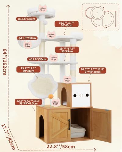 Heybly Cat Tree with Litter Box Enclosure, Modern 64" Hidden Tower HCT105WB - Image 4