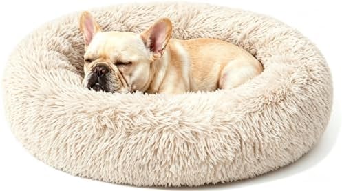 Calming Large Donut Dog and Cat Bed, Anti-Anxiety Round Soft Fluffy Plush Faux by Homeuslynn