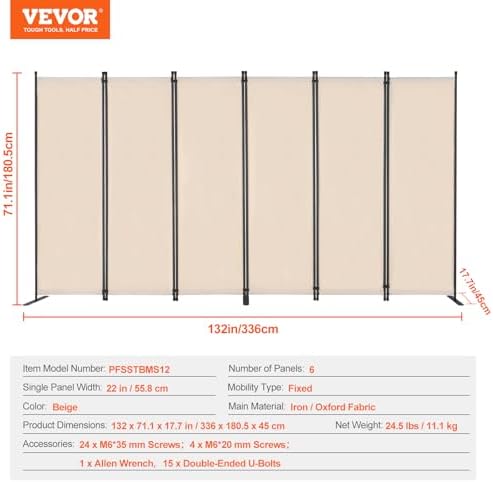 VEVOR Room Divider, 6 Panel Room Divider, Folding Privacy Screen and Portable - Image 7