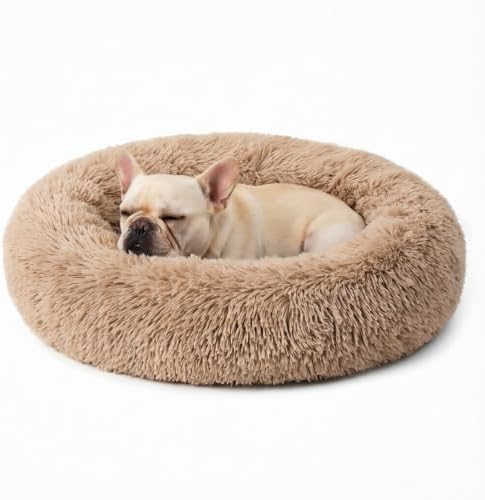 Calming Large Donut Dog and Cat Bed, Anti-Anxiety Round Soft Fluffy Plush Faux by Homeuslynn