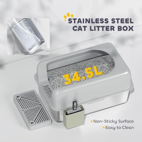 PawHut Stainless Steel Litter Box Easy Clean High Sided Scoop Light Gray - Image 4