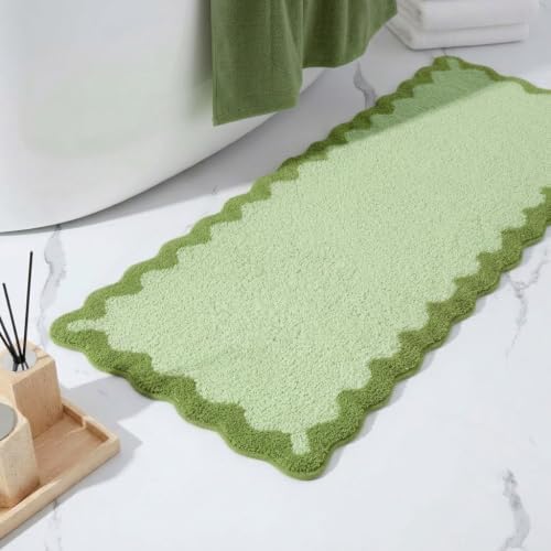 Cute Green Scalloped Bathroom Runner Rug, Fun Plush Luxury Microfiber Bath Rug by Casasphere