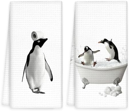 Funny Penguin Hand Towels Set of 2, Funny Penguins Take a Bath Hand Towels by OINDADE