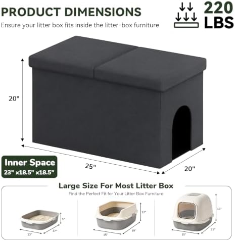 3-in-1 Cat Litter Box Enclosure Furniture, Cat Ottoman, Dark Grey - Image 3