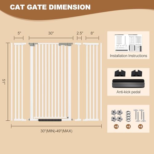 51" Extra Tall Cat Gate for Doorway, 30-49" Wide Auto Close Pet Gate - Image 2