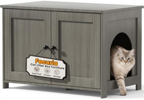Cat Litter Box Enclosure Furniture Dog Proof, Hidden Kitty Washroom Cabinet Low by Fecuria