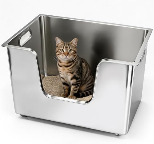 Enclosed Stainless Steel Cat Litter Box 11.8” High Sides, Extra Large Litter Box by PTLOM