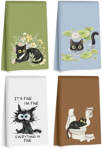 4 Pcs Funny Black Cat Kitchen Towels, Cute Cats Gifts Reusable Dish Towels by Hanamiya+Na