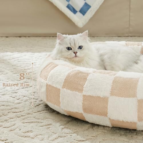 Ohocut Checkered Cat Dog Bed, Cute Beige Khaki Retro Style Aesthetic Round - Image 3