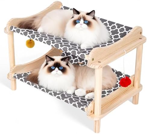 2-Layer Cat Hammock Bed, Breathable Washable Covers, Wooden Pet Furniture by MITREL