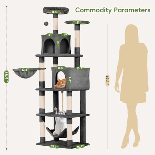 Aotaide 68in Cat Tower with 8 Scratching Posts & Hammock - Image 2