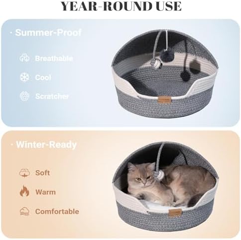 CHEERPALS Cat Basket Bed with Washable Cushion and Ball Rope Cotton, Covered - Image 3