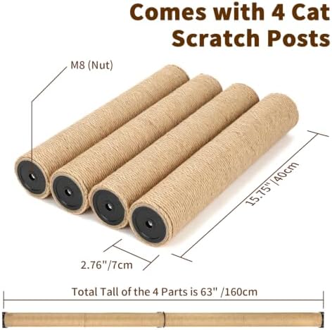 FHTONGE 63" Wall Mounted Cat Scratch Post, Adjustable Tall Jute Climb Pole - Image 7