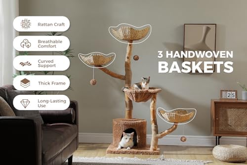 MUTTROS 59" Modern Cat Tree for Large Cats, 3 Wicker Baskets & Condo - Image 2