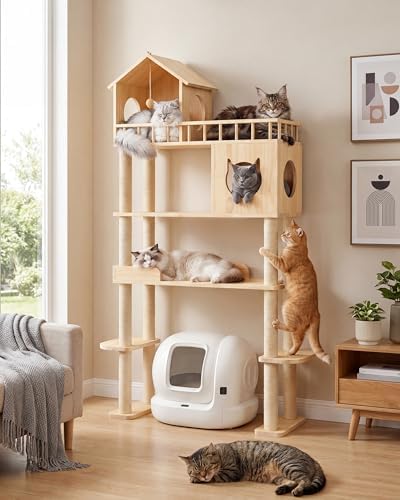 Wood Cat Tree for Automatic Litter Box, 5 Tier Cat Tower, 74 Inch - Image 6