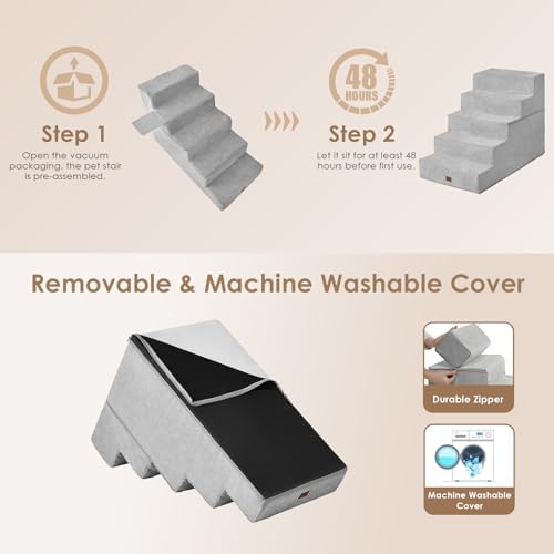 EHEYCIGA Dog Stairs for High Bed 25" H, Extra Wide Dog 5-Step, Light Grey - Image 7